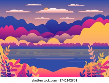 Hills and mountains landscape in flat style design. Valley with blue lake illustration. Beautiful yellow fields, meadow and sky. Rural location in the forest, trees, flowers. Cartoon vector background