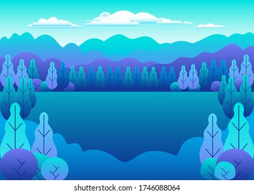 Hills and mountains landscape in flat style design. Beautiful bright field with grass, meadow and blue sky. Rural location in the forest, trees. Cartoon illustration vector background pastel colors