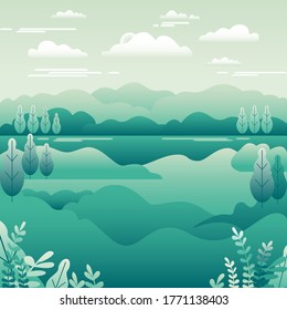 Hills and mountains landscape in flat style design. Beautiful field with grass, meadow and sky. Rural location in the forest, trees. Cartoon illustration vector background, green colors
