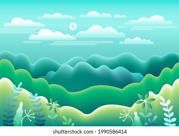 Berge, Berglandschaft in flachem Design. Schönes Feld, Wiese, Himmel, Wolke und Sonne. Ländliche Lage mit Talwald, Bäumen. Grüne blaue Farbverlauf-Farbe.Cartoon-Hintergrund, Vektorgrafik