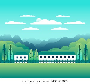 Hills and mountains landscape with house farm in flat style design. Forest in valley illustration. Green fields, meadow, tree, blue sky and sun. Rural location in the hill, forest, cartoon vector back