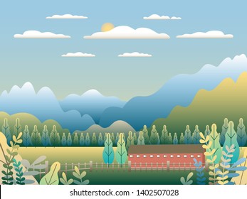 Hills and mountains landscape with house farm in flat style design. Forest in valley illustration. Green fields, meadow, flower, blue sky and sun. Rural location in the hill, forest, cartoon vector ba