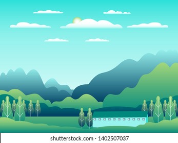 Hills and mountains landscape with house farm in flat style design. Forest in valley illustration. Green fields, meadow, tree, blue sky and sun. Rural location in the hill, forest, cartoon vector back