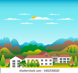 Hills and mountains landscape with house farm in flat style design. Forest in valley illustration. Green fields, meadow, tree, blue sky and sun. Rural location in the hill, forest, cartoon vector back