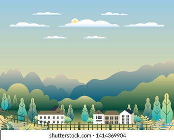 Hills and mountains landscape with house farm in flat style design. Forest in valley illustration. Green fields, meadow, tree, blue sky and sun. Rural location, forest, cartoon vector background