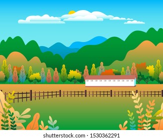 Hills and mountains landscape, house farm in flat style design. Outdoor panorama countryside illustration. Green field, tree, forest, blue sky and sun. Rural location, cartoon vector background