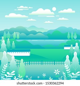Hills and mountains landscape, house farm in flat style design. Outdoor panorama countryside illustration. Blue light field, tree, forest, blue sky and sun. Rural location, cartoon vector background