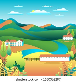 Hills and mountains landscape, house farm in flat style design. Outdoor panorama countryside illustration. Orange field, tree, forest, blue sky and sun. Rural location, cartoon vector background