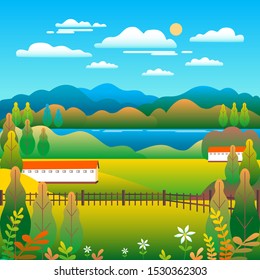 Hills and mountains landscape, house farm in flat style design. Outdoor panorama countryside illustration. Green field, tree, forest, blue sky and sun. Rural location, cartoon vector background