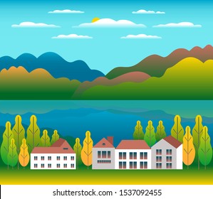 Hills and mountains landscape, house farm in flat style design. Outdoor panorama countryside illustration. River, field, tree, forest, blue sky and sun. Rural location, cartoon vector background