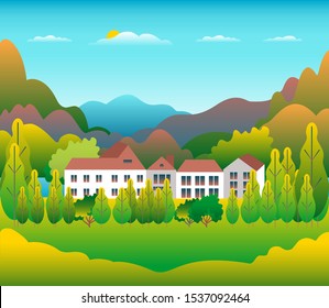 Hills and mountains landscape, house farm in flat style design. Outdoor panorama countryside illustration. Green field, tree, forest, blue sky and sun. Rural location, cartoon vector background