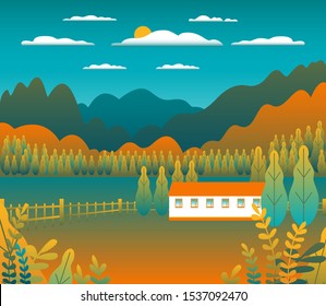 Hills and mountains landscape, house farm in flat style design. Outdoor panorama countryside illustration. River, field, tree, forest, blue sky and sun. Rural location, cartoon vector background