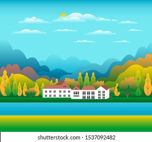 Hills and mountains landscape, house farm in flat style design. Outdoor panorama countryside illustration. River, field, tree, forest, blue sky and sun. Rural location, cartoon vector background