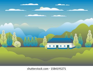 Hills and mountains landscape, house farm in flat style design. Outdoor panorama countryside illustration. Green field, bush, tree, forest, mountains, blue sky and sun. Rural location, cartoon vector 