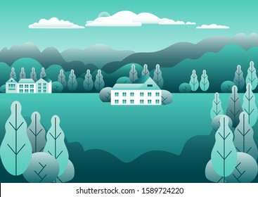 Hills and mountains landscape, house farm in flat style design. Outdoor panorama countryside illustration. Mountains, field, bush, tree, forest, blue sky and sun. Rural  cartoon vector background