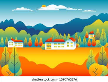 Hills and mountains landscape, house farm in flat style design. Outdoor panorama countryside illustration. Mountains, field, tree, forest, blue sky and sun. Rural location, cartoon vector background