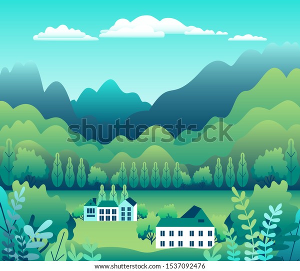 山や山の景色 平らなデザインのハウスファーム 屋外パノラマの国のサイドイラスト 緑の野原 木 森 青い空 太陽 カートーンのベクター画像の背景に田舎の場所 のベクター画像素材 ロイヤリティフリー