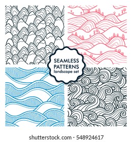 Hills and mountains seamless patterns. Set of vector illustrations with landscapes and sea waves. Collection of abstract nature backgrounds. Peaks.