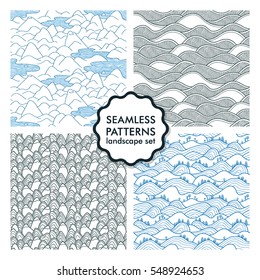 Hills and mountains seamless patterns. Set of vector illustrations with landscapes and sea waves. Collection of abstract nature backgrounds. Peaks.
