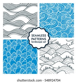 Hills and mountains seamless patterns. Set of vector illustrations with landscapes and sea waves. Collection of abstract nature backgrounds. Peaks.