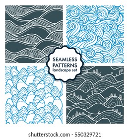Hills and mountains seamless patterns. Set of vector illustrations with landscapes and sea waves. Collection of abstract nature backgrounds. Peaks.