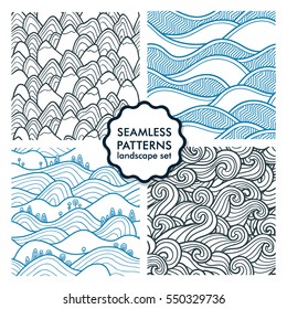 Hills and mountains seamless patterns. Set of vector illustrations with landscapes and sea waves. Collection of abstract nature backgrounds. Peaks.