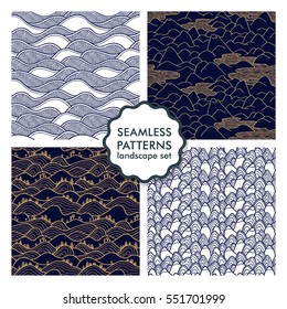 Hills and mountains seamless patterns. Set of vector illustrations with landscapes and sea waves. Collection of abstract nature backgrounds. Peaks.