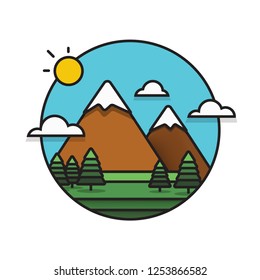 Hügel Berge mit Bäumen Wolken und Sonne Vektor flache Illustration 