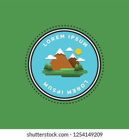 
Hills Mountains With Trees Clouds and Sun Vector Flat Illustration Badge Logo Style Design
