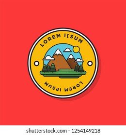 
Hills Mountains With Trees Clouds and Sun Vector Flat Illustration Badge Logo Style Design