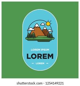 
Hills Mountains With Trees Clouds and Sun Vector Flat Illustration Badge Logo Style Design