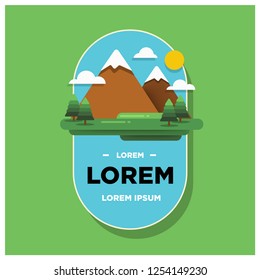 
Hills Mountains With Trees Clouds and Sun Vector Flat Illustration Badge Logo Style Design
