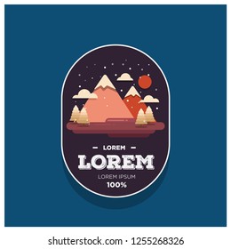 Hills Mountains With Trees Clouds and Sun Vector Flat Illustration Badge Logo Style Design