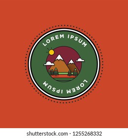Hills Mountains With Trees Clouds and Sun Vector Flat Illustration Badge Logo Style Design