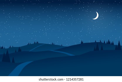 Hills At Night Landscape Flat Design