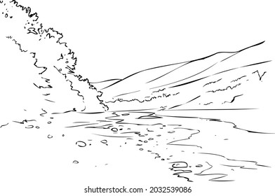 hills, pond, bushes vector illustration .