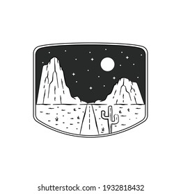 hills and roads surrounded by cacti on the night in mono line art, badge vector illustration, T-Shirt Art, Design Vector