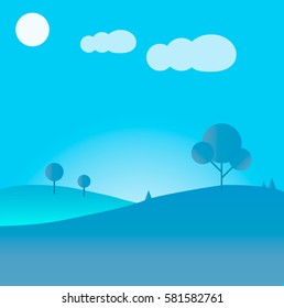 Hills, sun, clouds and trees background. Blue or teal nature wallpaper vector icon. 