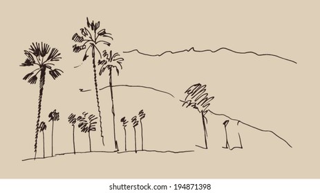 hills and trees engraving vector illustration, hand drawn, sketch