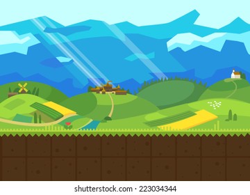 Hills and Valley. Vector flat background for the game. Seamless texture