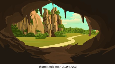 Hills are visible from inside the ancient cave nature landscape.