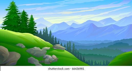 Hillside Pine Trees And Distant Mountains