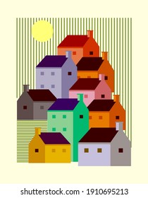 Hillside town background template vector illustration. Houses,village,sun,summer.