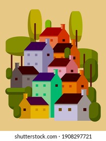 Hillside Town Landscape Background Template Vector Illustration. Houses, Hill, Mountain,village.