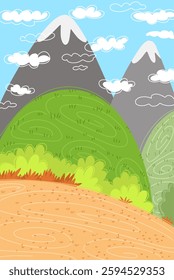 hillside view with green grass and mountains for children story book Illustration