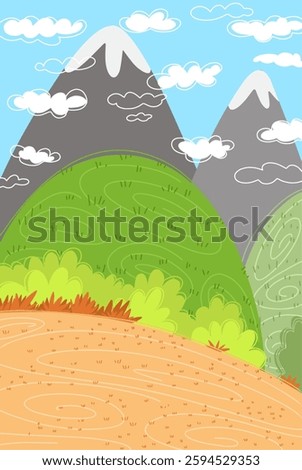 hillside view with green grass and mountains for children story book Illustration