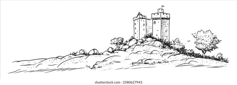 hilltop castle with towers and rocky terrain, hand-drawn vector artwork