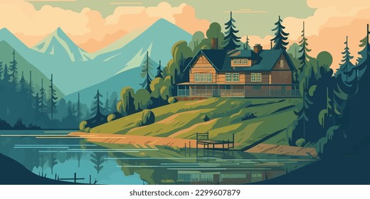 Hilltop Haven  A Beautiful Flat Vector Illustration of a Secluded Rustic Home with Lake and Lush Forest Surroundings