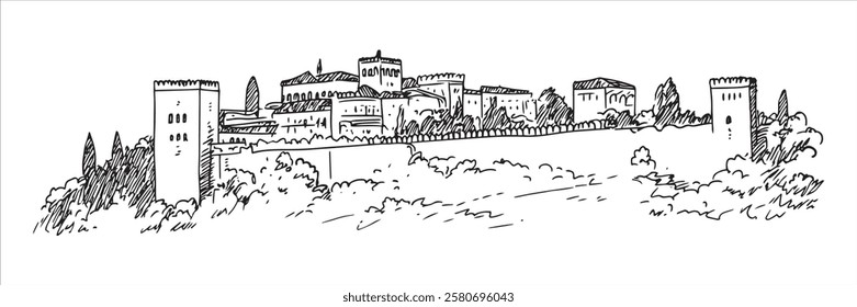 hilltop medieval town with fortified walls and towers, hand-drawn vector artwork
