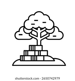 Hilltop Tree Storage Outline Icon on White Background for Nature, Environment, and Cloud Storage Concepts
